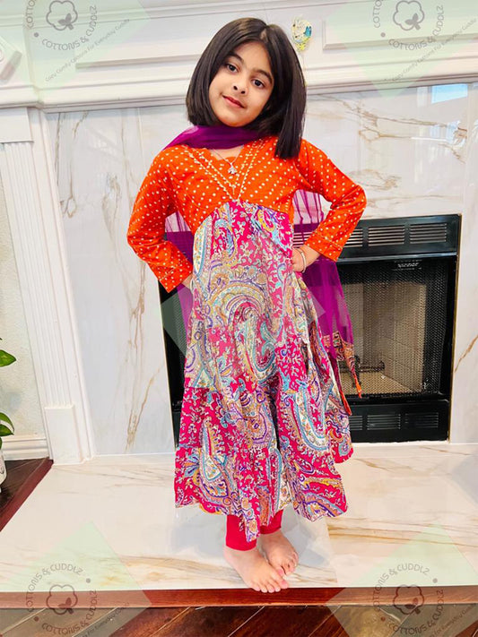 Orange And Pink Girls Ethnic Wear