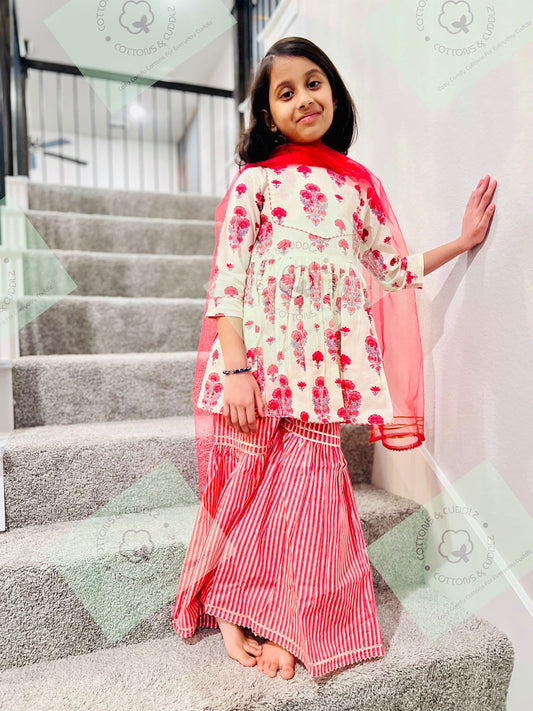 White And Pink Girls Ethnic Wear